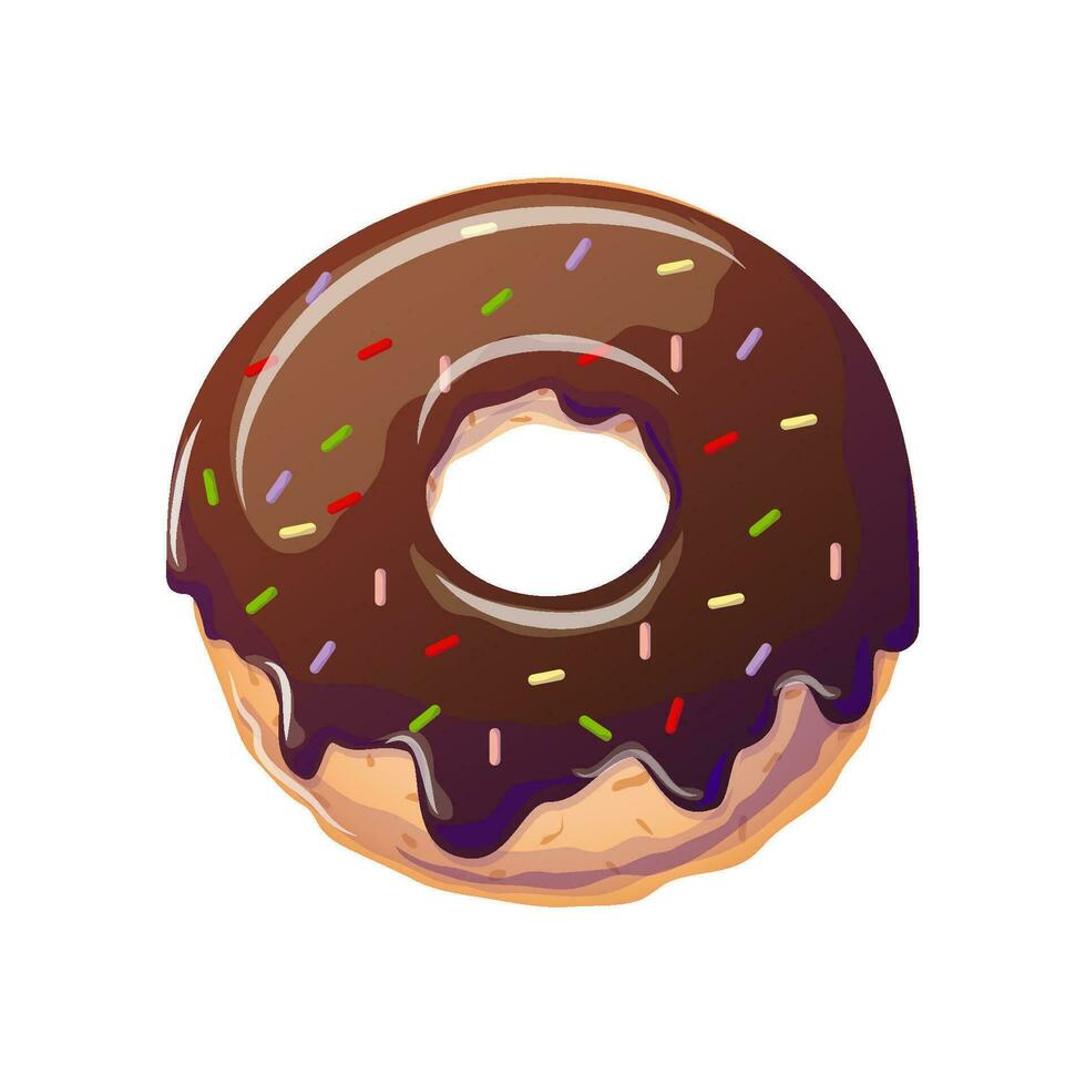 Chocolate donut in cartoon style. Vector illustration for poster, banner, website, advertisement. Vector illustration with colorful sweet dessert.