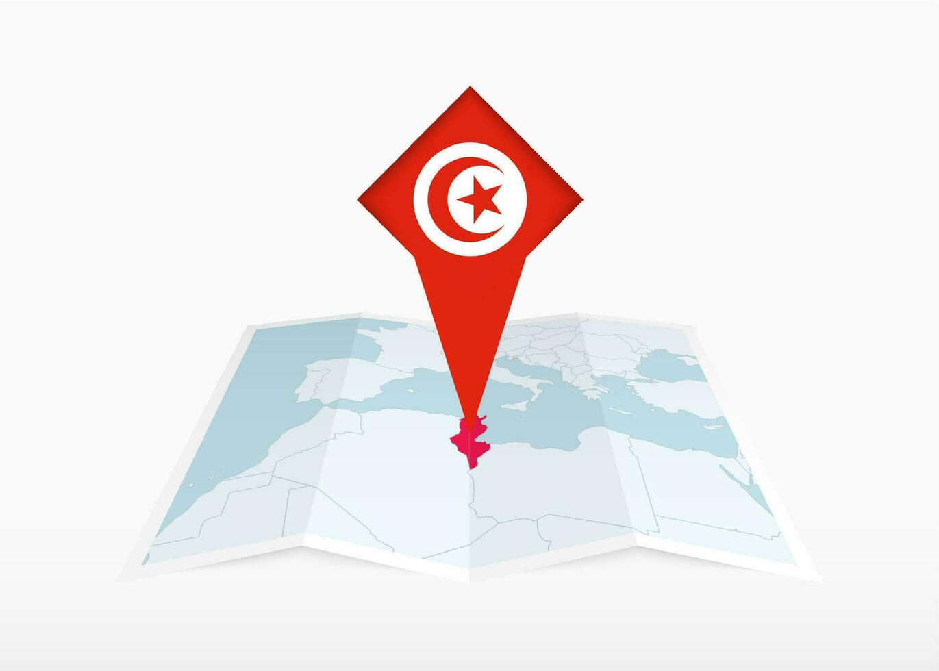 Tunisia is depicted on a folded paper map and pinned location marker with flag of Tunisia. vector