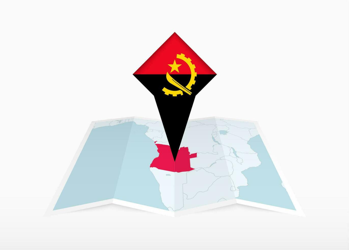 angola es representado en un doblada papel mapa y clavado ubicación marcador con bandera de angola vector