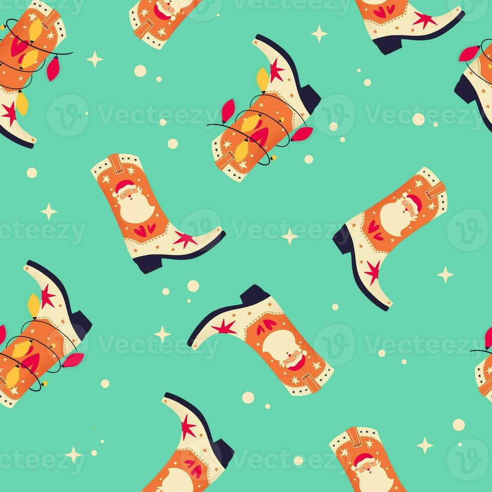 Christmas cowboy boots with Santa Claus and Christmas lights on mint background, seamless pattern. Cute festive winter holiday illustration. Bright colorful design. photo