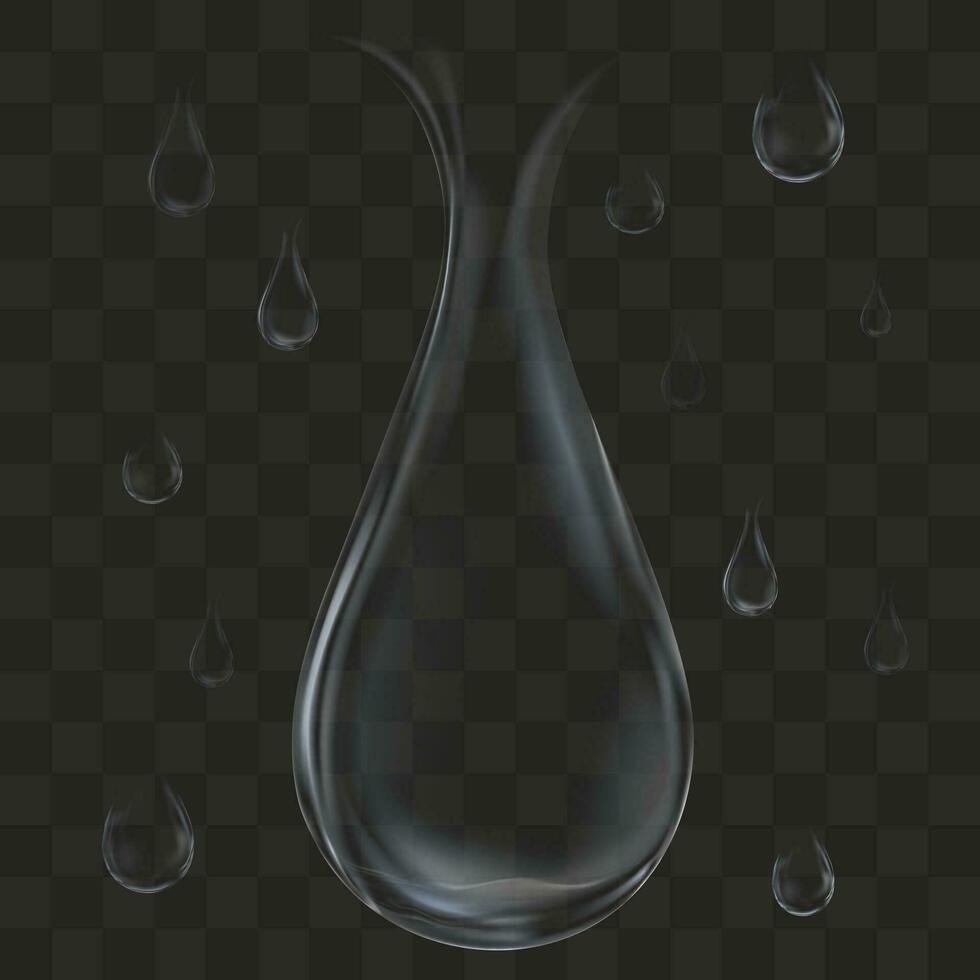 agua soltar transparente.vector conjunto realista transparencia lluvia soltar en pared, 3d Rocío cae, puro agua gotas o ducha, ilustración icono diseño elemento concepto para ecología, mundo agua día antecedentes vector