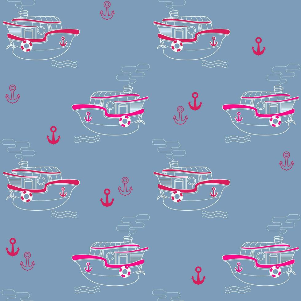 Seamless pattern with cartoon boats. Funny Boat and anchor.   Vector. vector