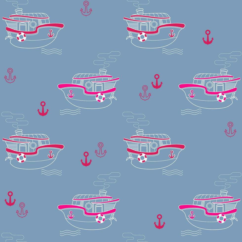 Seamless pattern with cartoon boats. Funny Boat and anchor.   Vector. vector