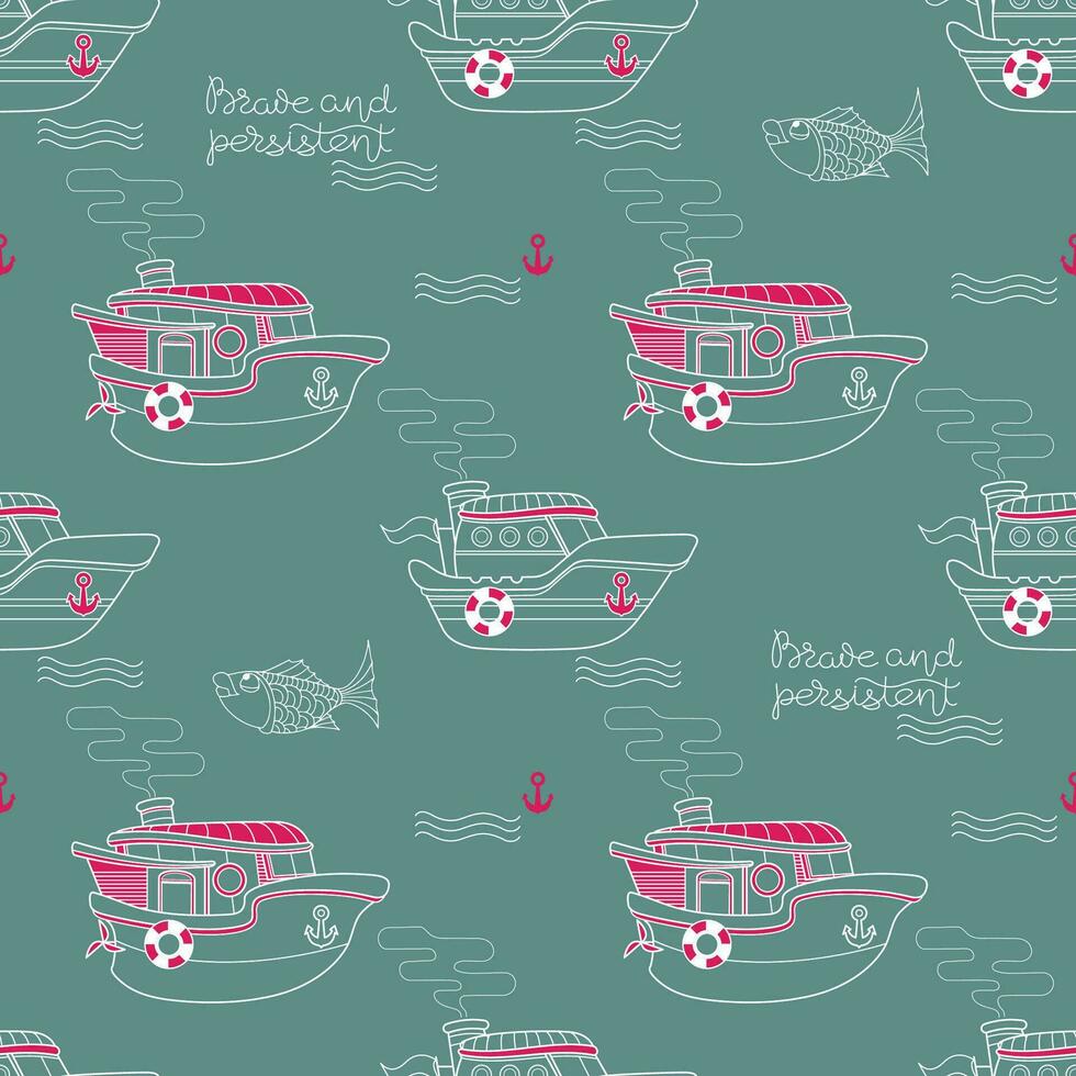 Seamless pattern with outline cartoon boats. Brave and Persistent. Vector. vector