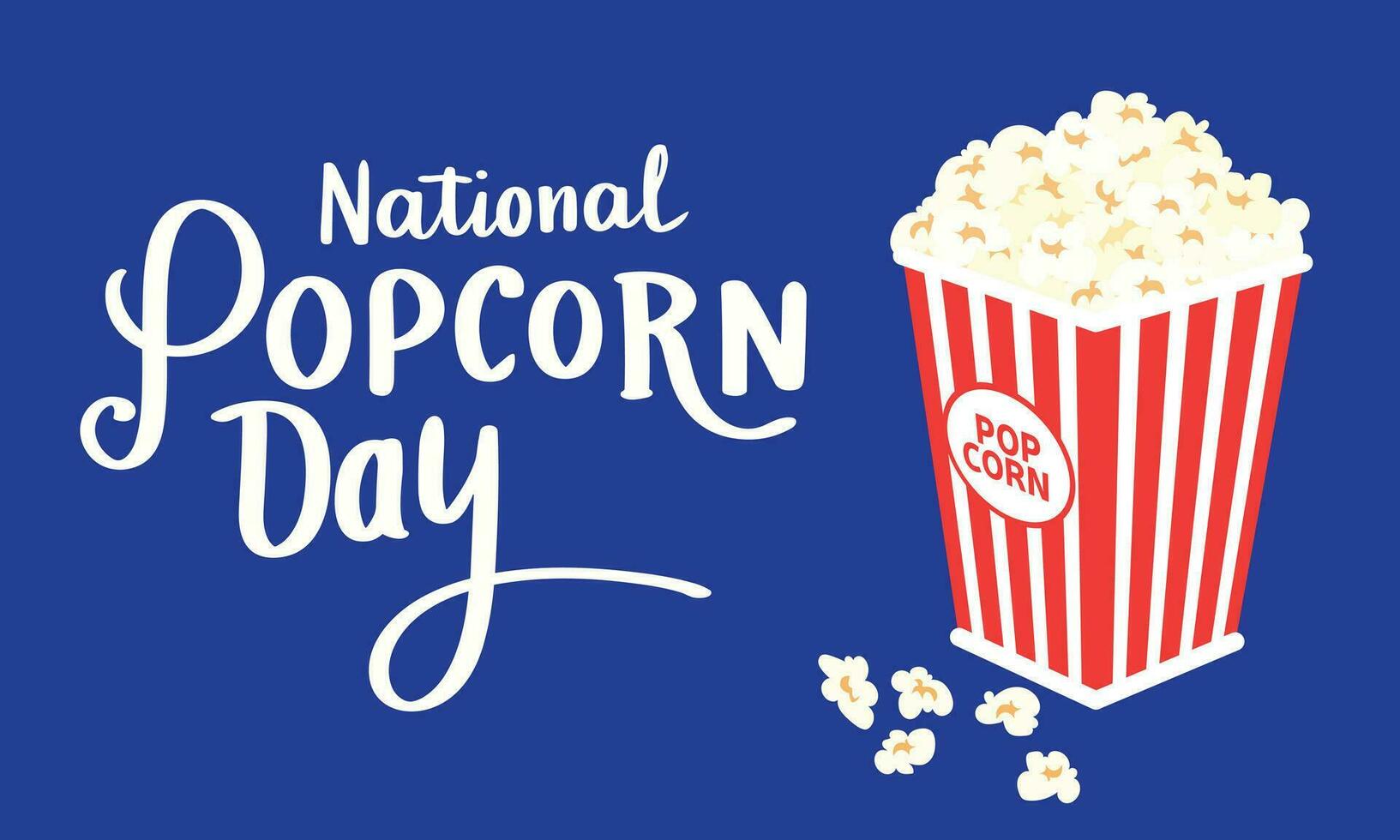 Banner National Popcorn Day. Handwriting text and red bucket with popcorn. Hand drawn vector art.