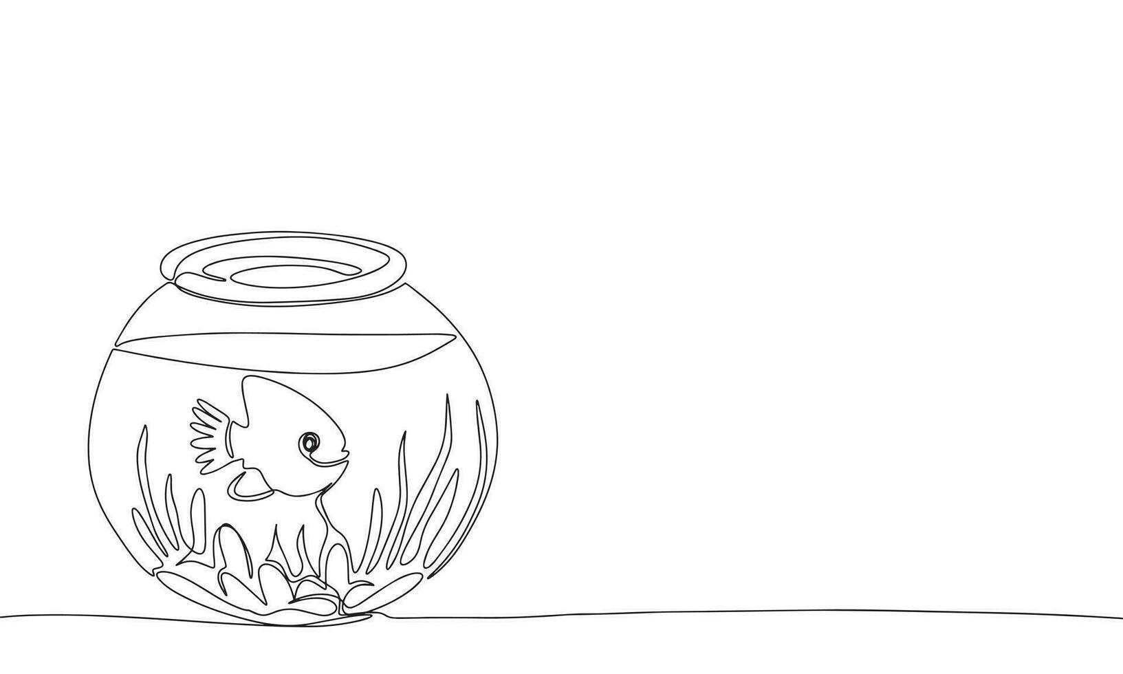 One line continuous aquarium with fish. Line art aquarium with fish outline. Hand drawn vector art