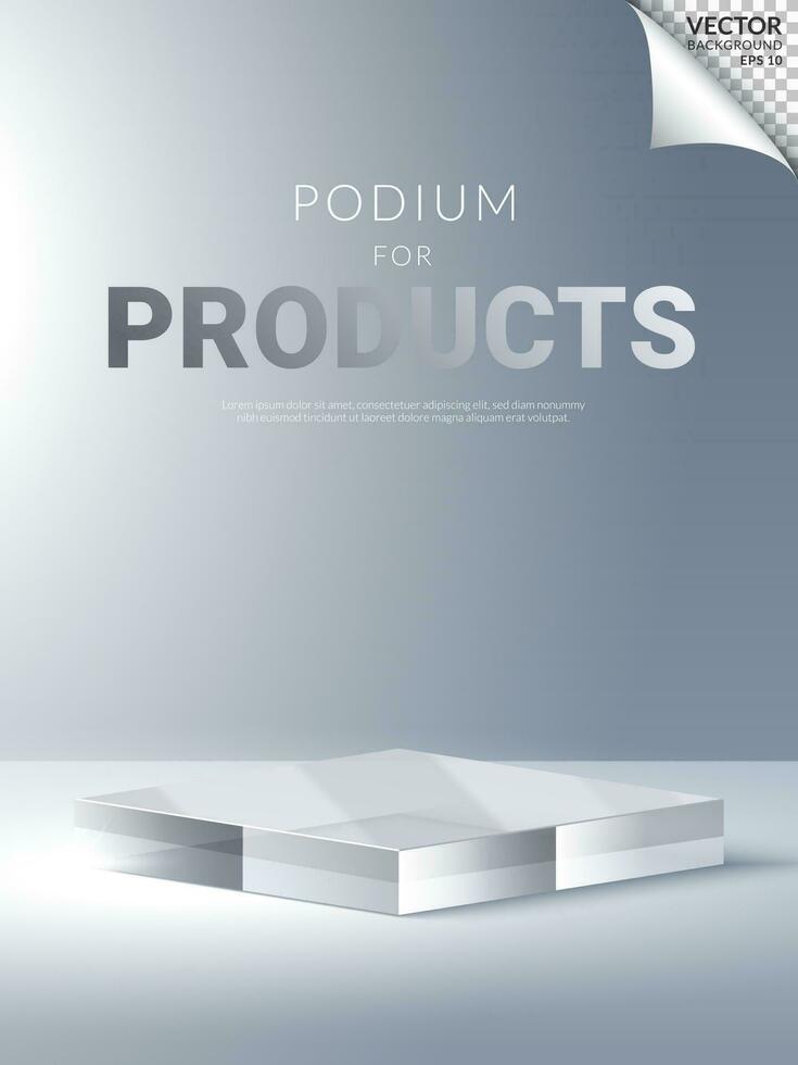 White background square transparent poduim crystal glass stage for beauty cosmetics product display. 3D Vector illustration