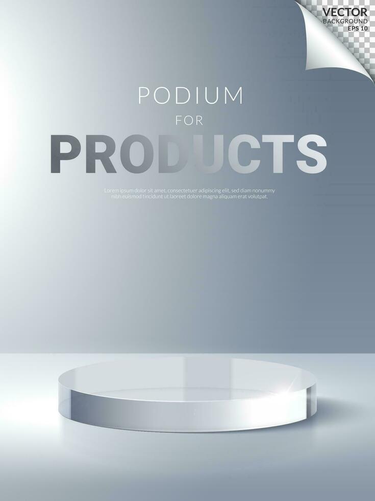 White background round transparent poduim crystal glass stage for beauty cosmetics product display. 3D Vector illustration