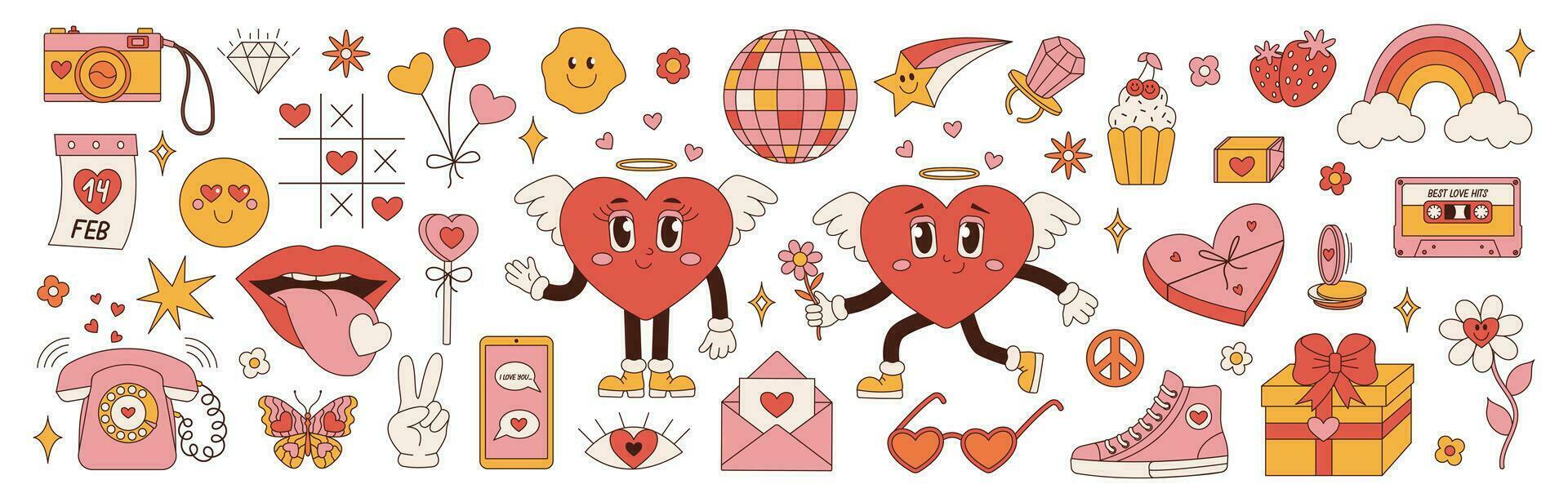 Retro groovy big set for Valentines Day. Hippie love sticker, funny characters in shape of heart, trend 60s 70s. Vector cartoon illustration