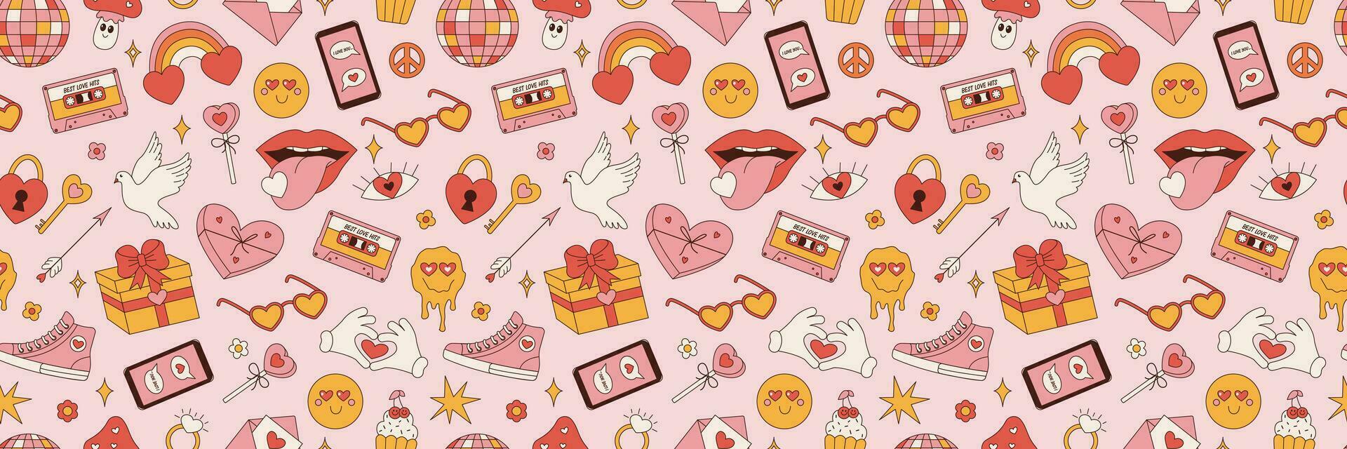 san valentin día maravilloso sin costura modelo. retro hippie psicodélico estilo vector fondo de pantalla en años 60, años 70 vector dibujos animados antecedentes