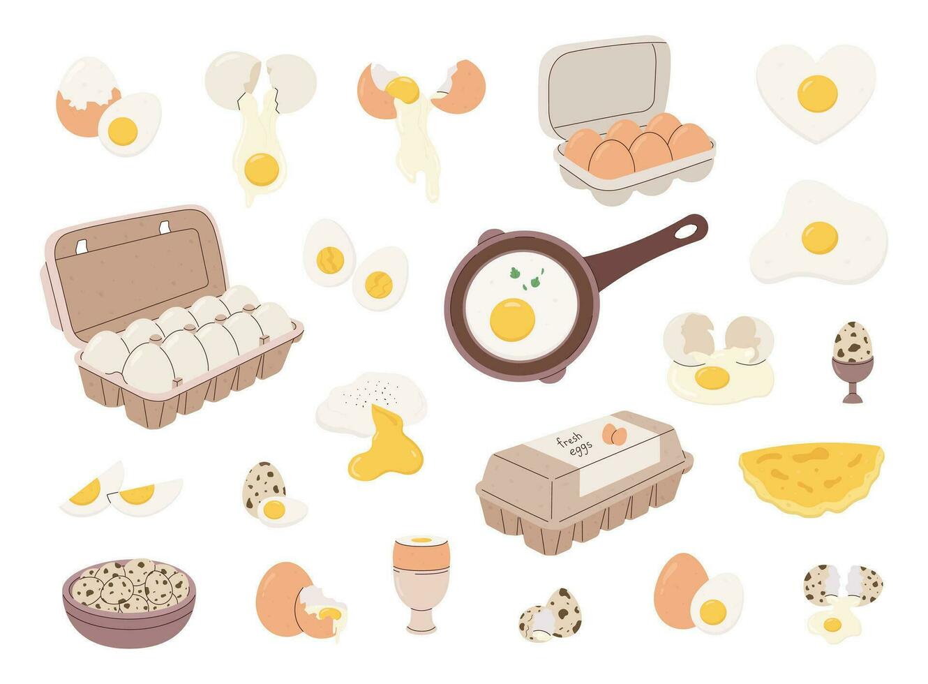chicken and quail eggs set, whole, raw, fried, cracked, broken, in shell, omelette, packed in cardboard box, flat style vector illustration