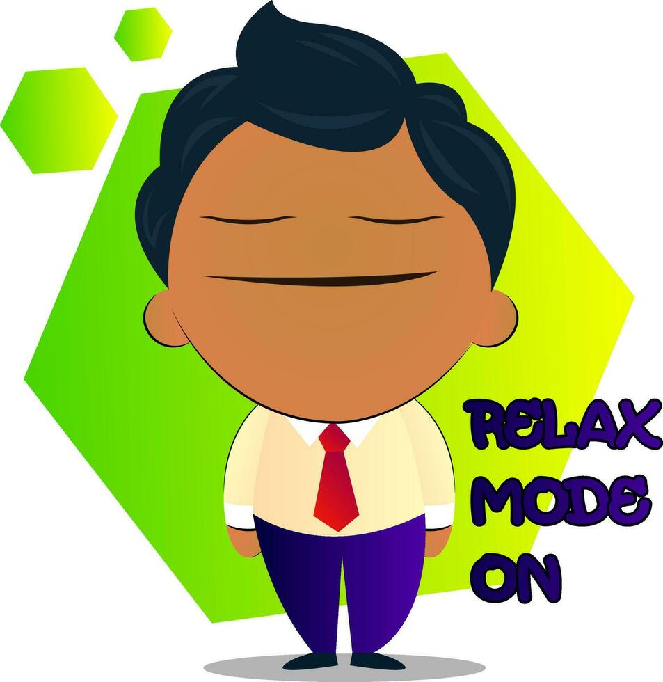 Boy in a suit with curly hair says relax mode on, illustration, vector on white background.