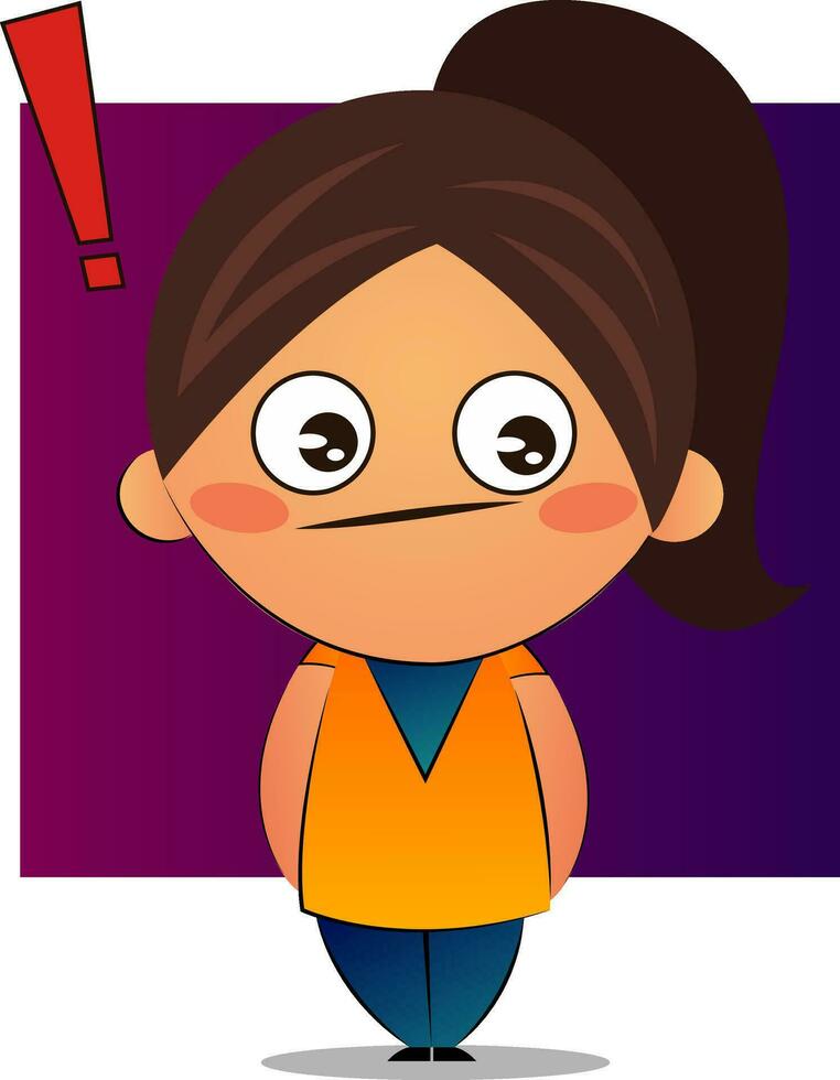 Girl with brown ponytail with exclamation mark, illustration, vector on white background.
