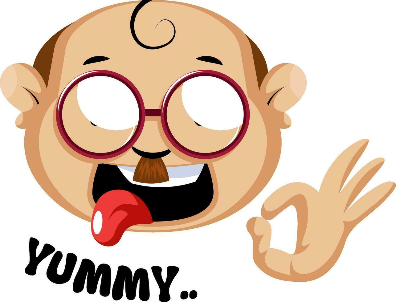 Funny human emoji with a yummy symbol and letters, illustration, vector on white background.