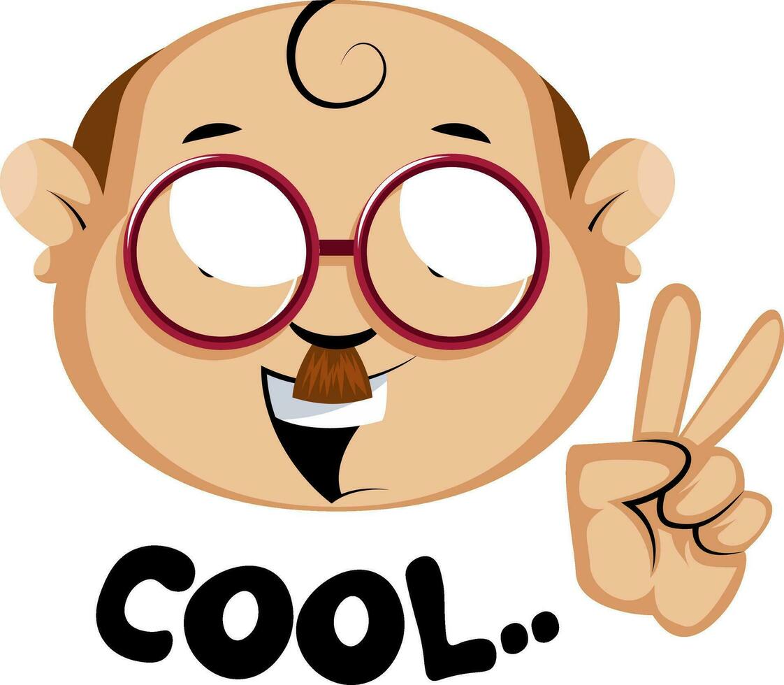 Funy human emojy with a cool symbol and letters, illustration, vector on white background.