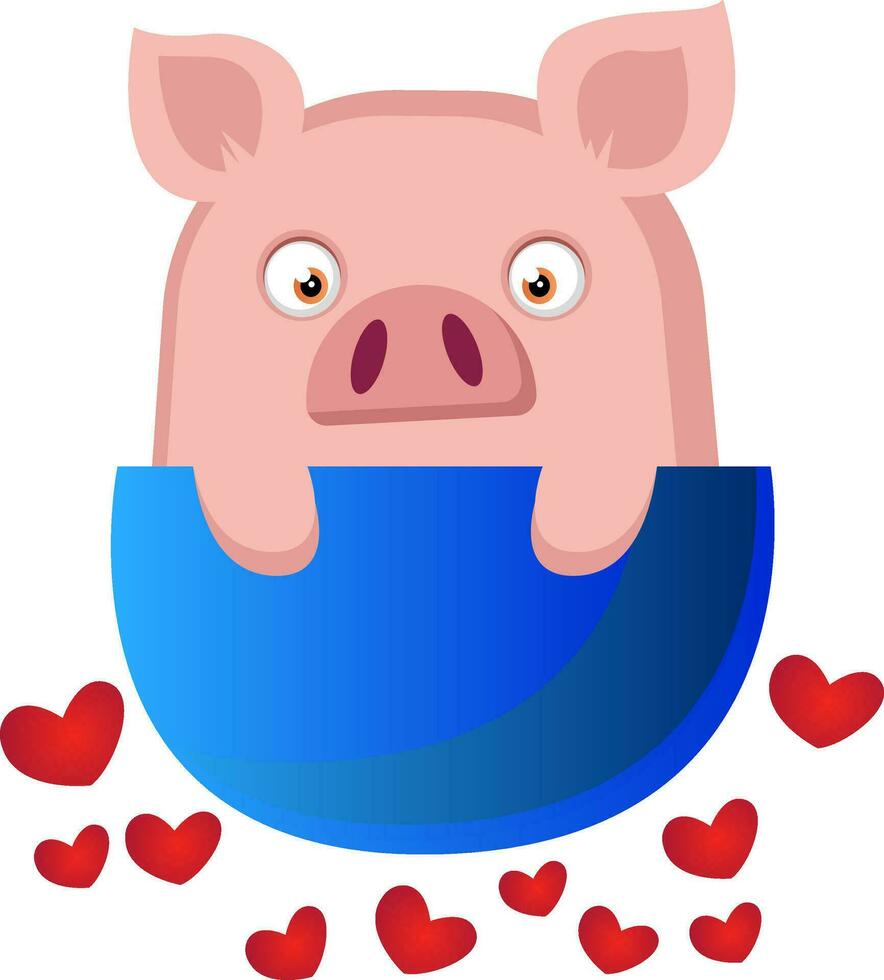 Piggy in cute little bowl, illustration, vector on white background.