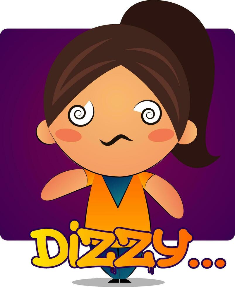 Girl with brown ponytail is dizzy, illustration, vector on white background.