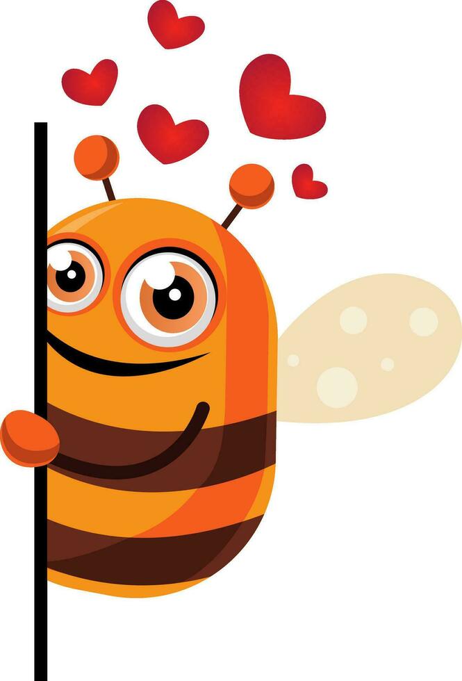 Bee in love looking behind wall, illustration, vector on white background.