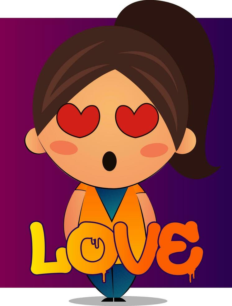 Girl with brown ponytail is in love illustration, vector on white background.