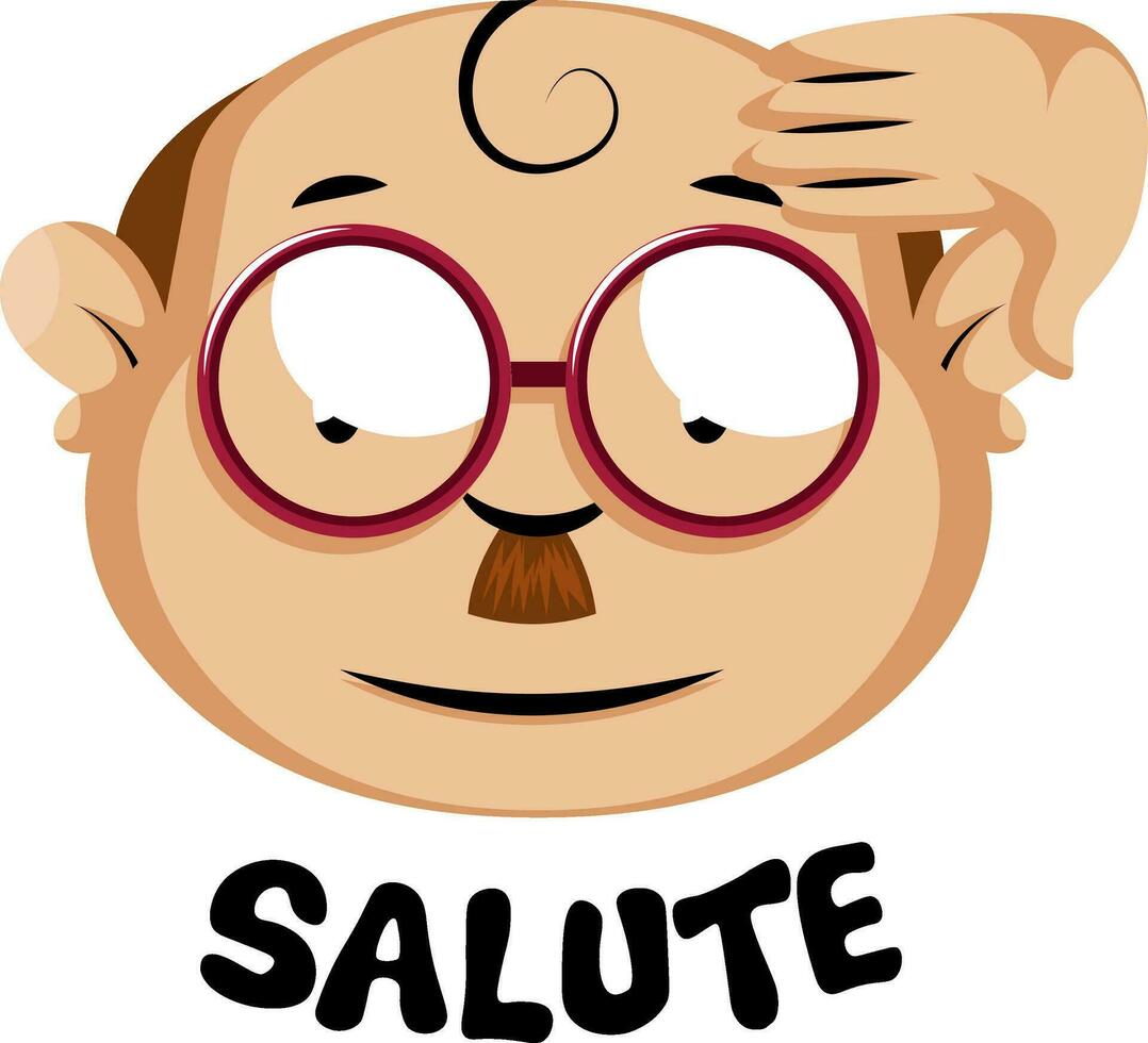 Funny human emoji with a salute symbol and letters, illustration, vector on white background.