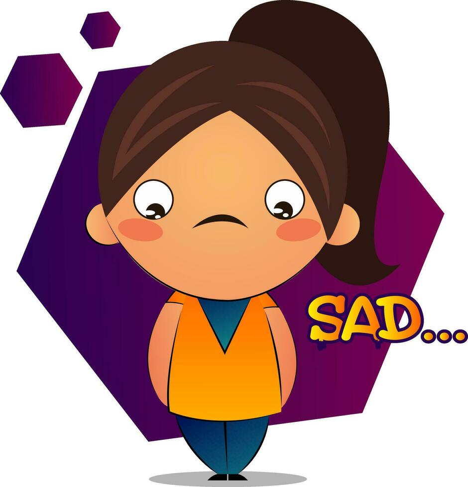 Sad girl with brown ponytail and purple hexagon, illustration, vector on white background.