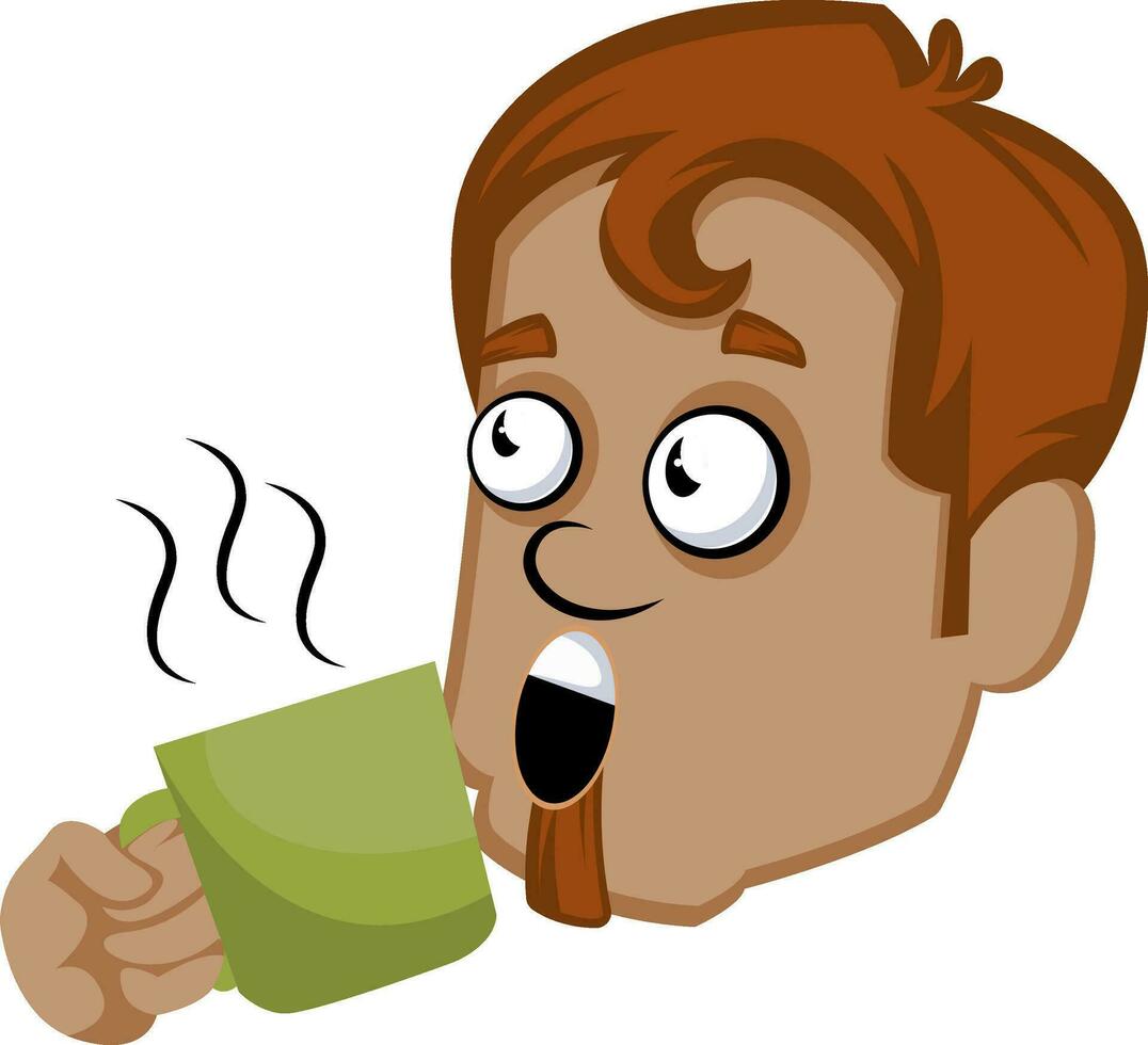 Brown human emoji with a green cup, illustration, vector on white background.