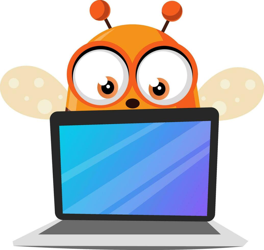 Bee holding a laptop, illustration, vector on white background.