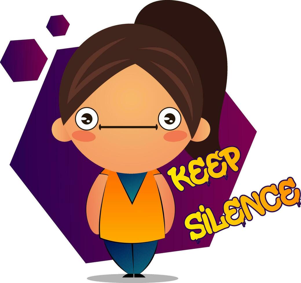 Speechless girl with brown ponytail and purple background, illustration, vector on white background.