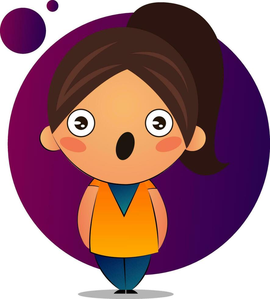 Cute girl with brown ponytail is surprised, illustration, vector on white background.