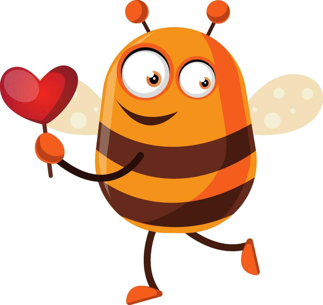 Bee holding a little heart, illustration, vector on white background.