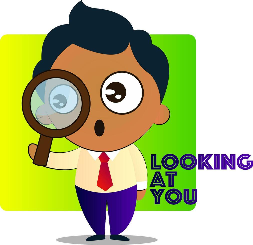 Boy in a suit with curly hair is looking at you through magnifying glass, illustration, vector on white background.