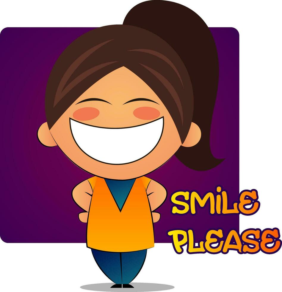 Girl with brown ponytail and big smile , illustration, vector on white background.