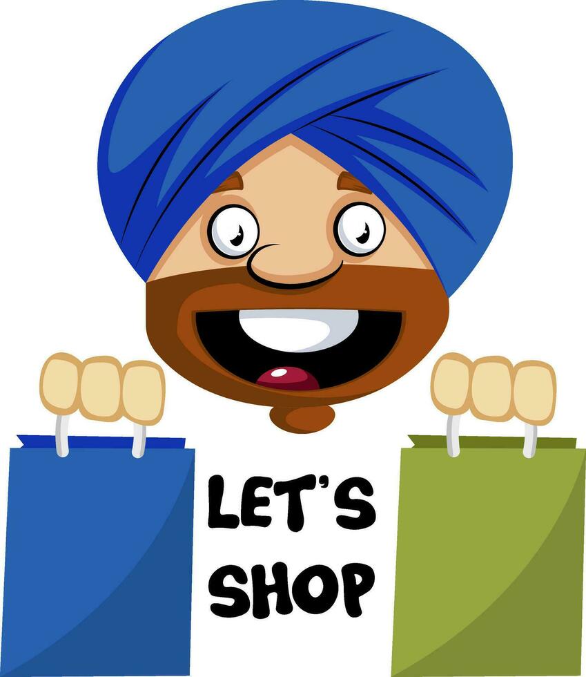 Muslim human emoji with shopping bags, illustration, vector on white background.