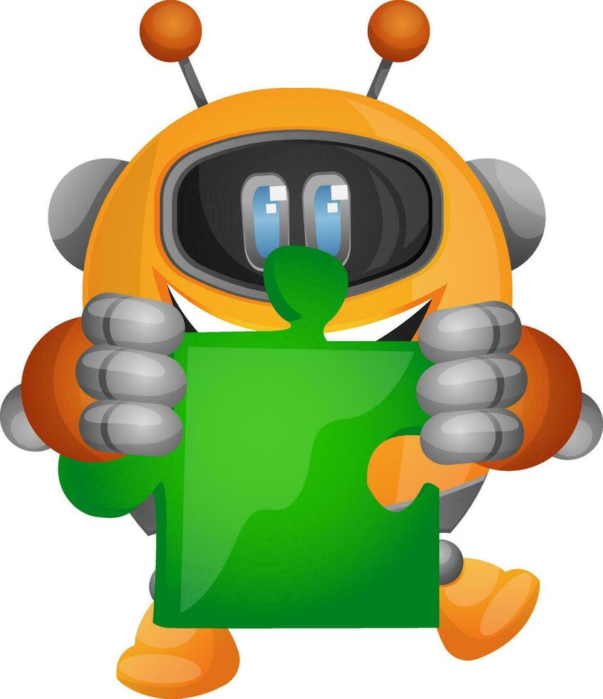 Cartoon robot holding a piece of the jigsaw puzzle illustration vector on white background