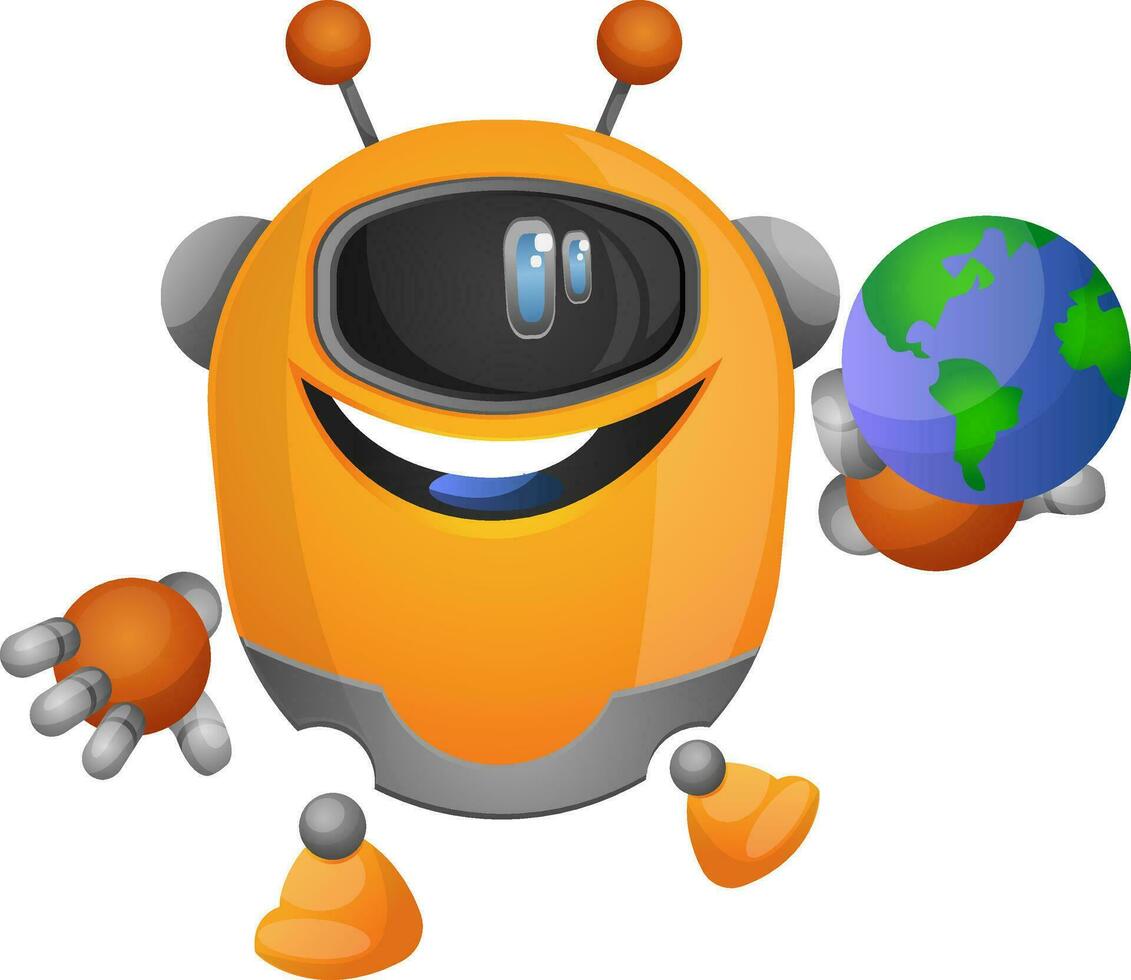 Cartoon robot holding a globe illustration vector on white background