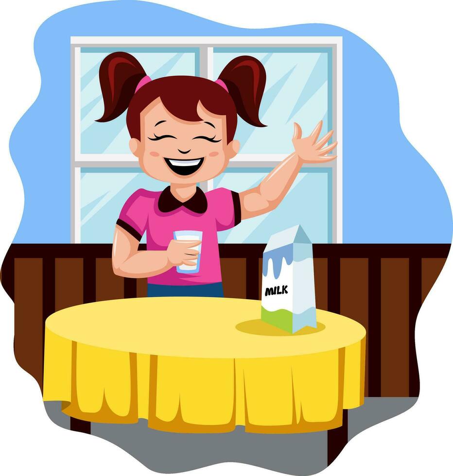 contento niña Bebiendo Leche ilustración vector en blanco antecedentes