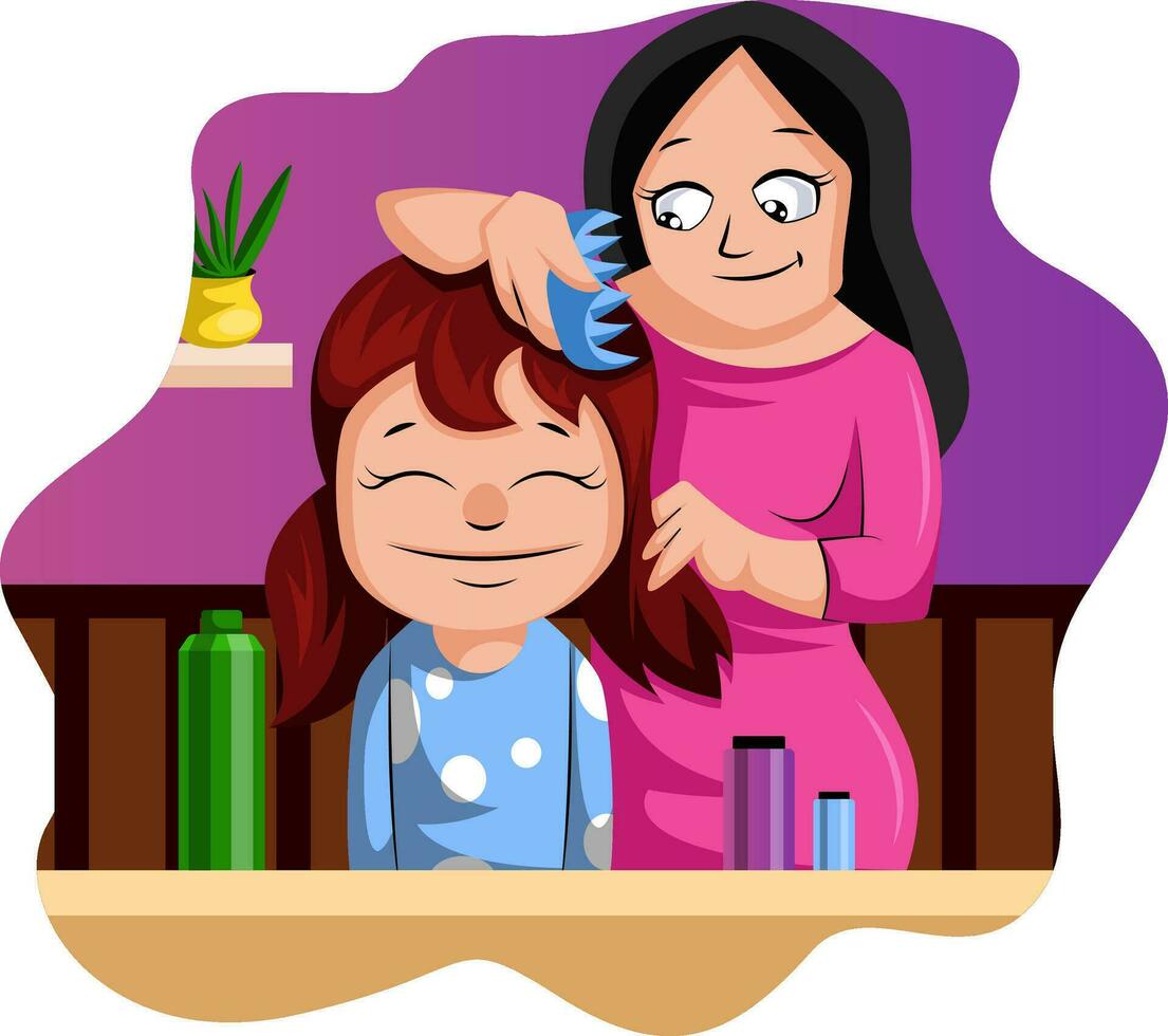 Mother brushing her daughter's hair illustration vector on white background