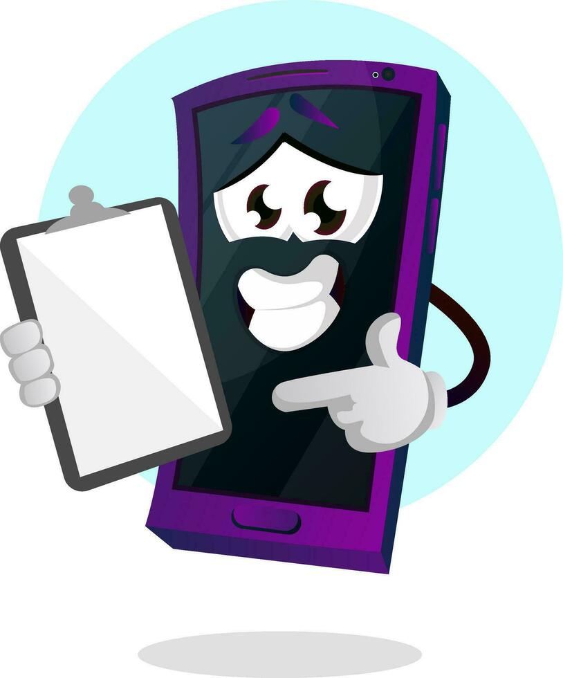 Mobile emoji pointing at his notepad illustration vector on white background