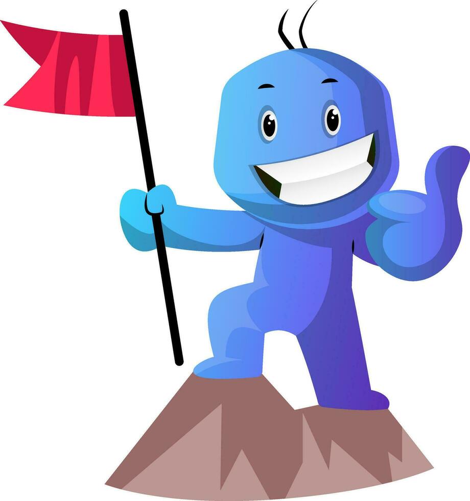 azul dibujos animados caracter en un montaña con un bandera ilustración vector en blanco antecedentes