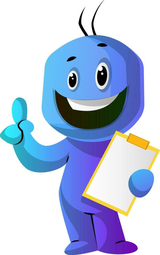 Blue cartoon caracter with a thumb up and a notepad illustration vector on white background