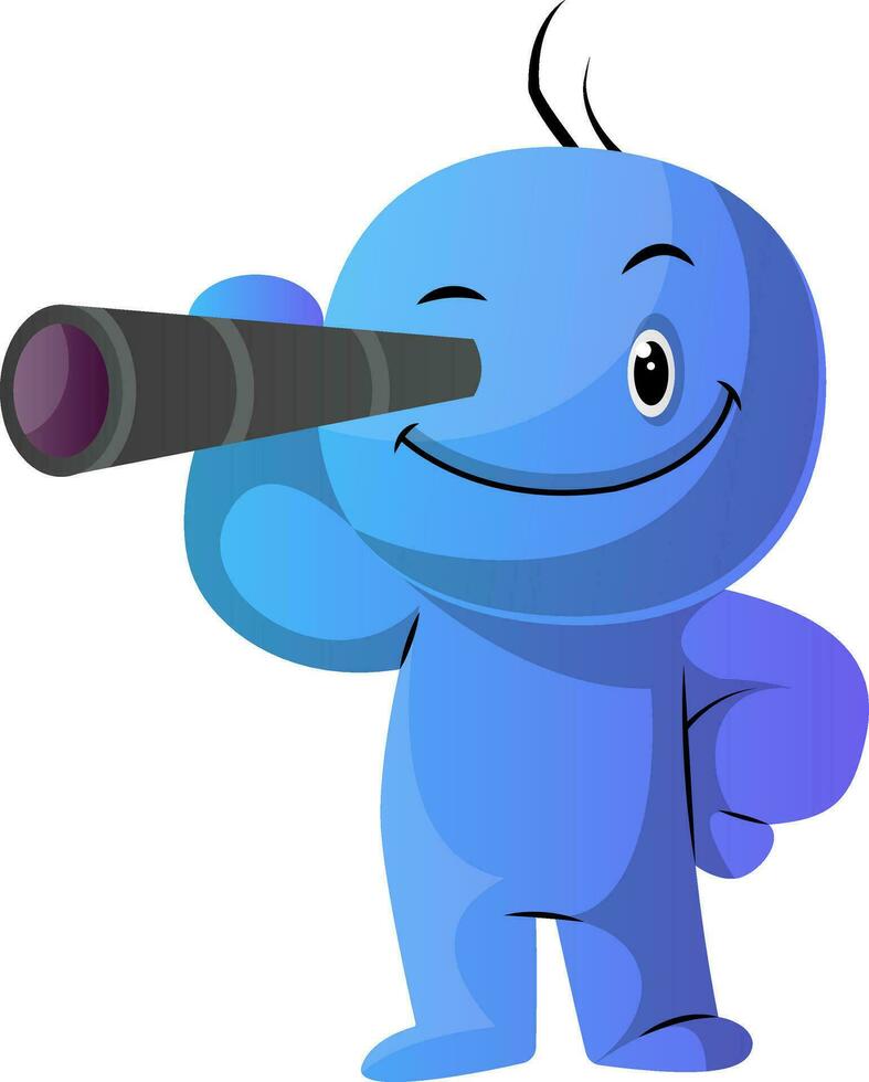 Blue cartoon caracter with his monocular illustration vector on white background
