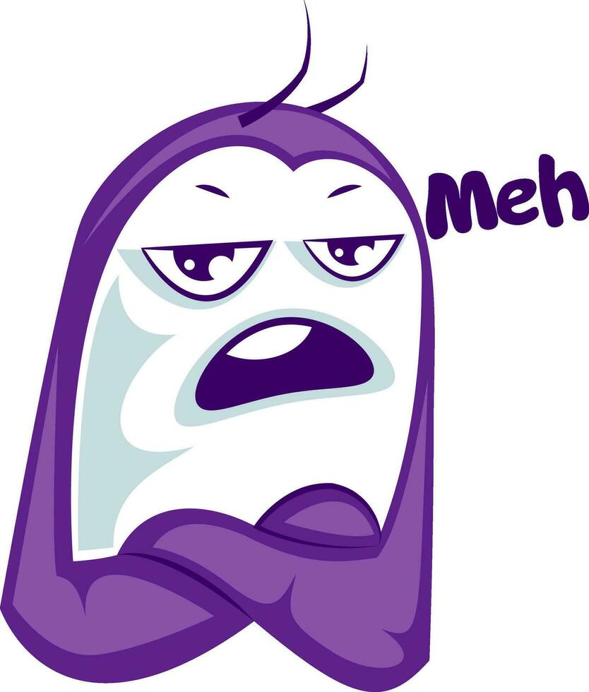 Purple monster saying Meh vector sticker illustration on a white background