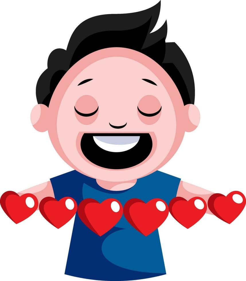 Black haired boy with multiple hearts in his hands illustration vector on white background