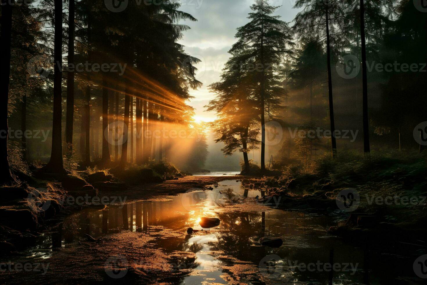 AI generated a beautiful sunrise in a forest with a stream and tall trees. The sun rays are visible through the trees and the water is still. The serene and peaceful atmosphere photo