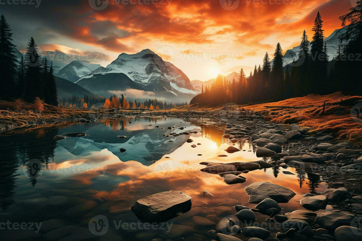 AI generated a mountain range with a river in the foreground and an orange sky. The mountains are covered in snow and the river is perfectly still, creating a mirror-like reflection of the mountains photo