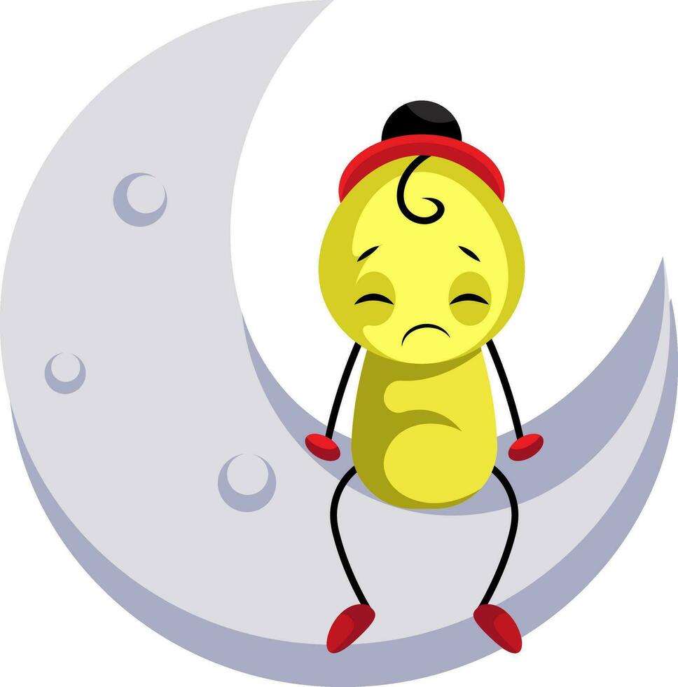 Sad yellow creature sitting on the moon illustration vector on white background