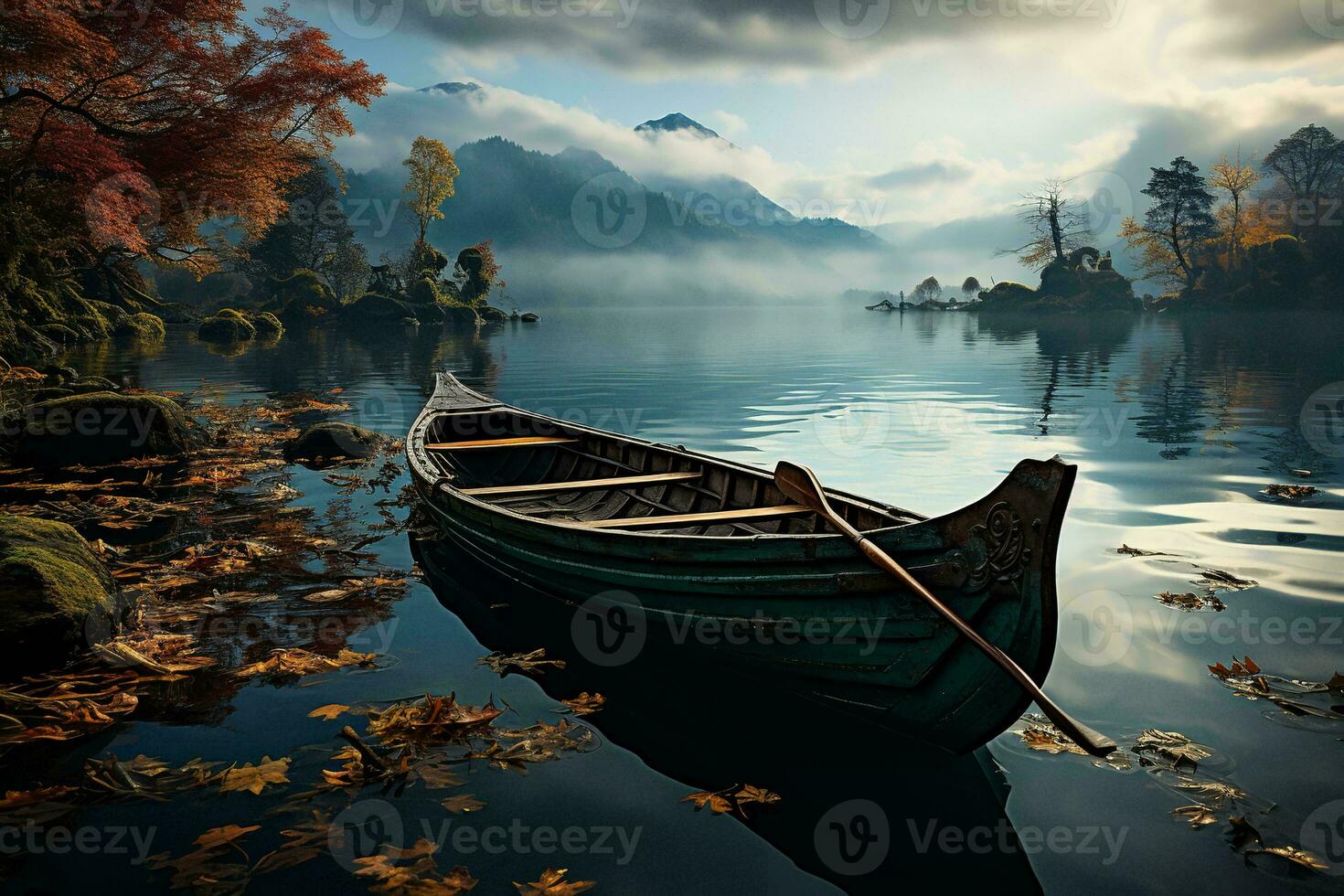 AI generated a lake with a green canoe in the foreground. The background consists of mountains and trees with autumn colors. The sky is cloudy and the water is still, creating a peaceful and serene photo