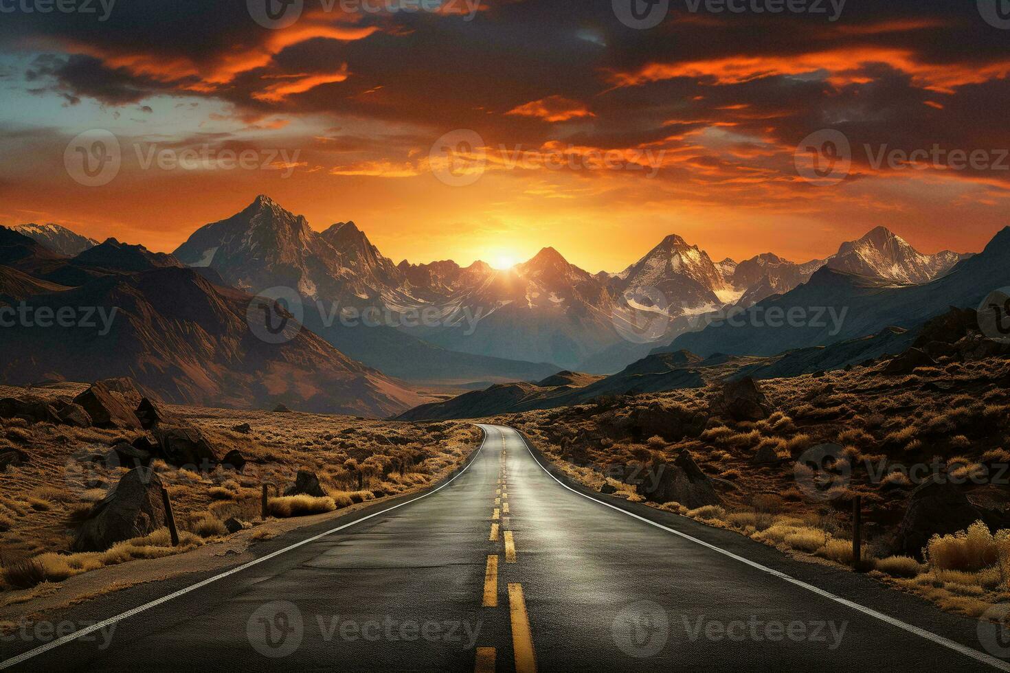 AI generated a long winding road leading towards a mountain range. The sky is ablaze with orange and red hues, creating a dramatic backdrop for the scene. photo