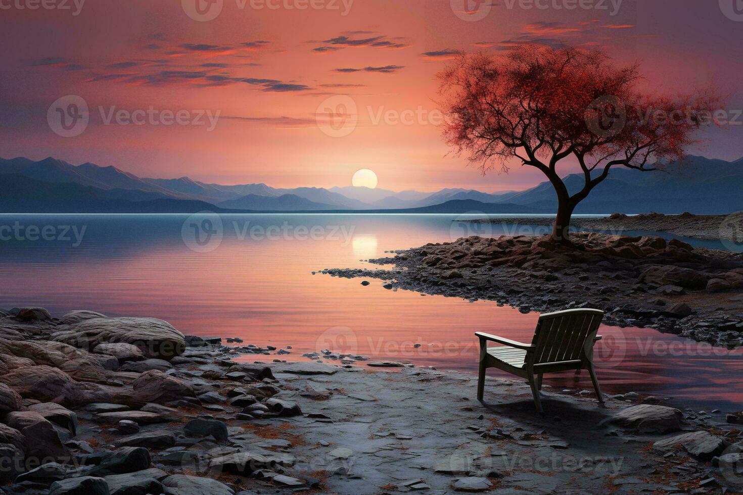 AI generated A serene lake scene at sunrise with a tree and bench in the foreground. The sky is a beautiful orange and pink color and the water is calm and peaceful. photo