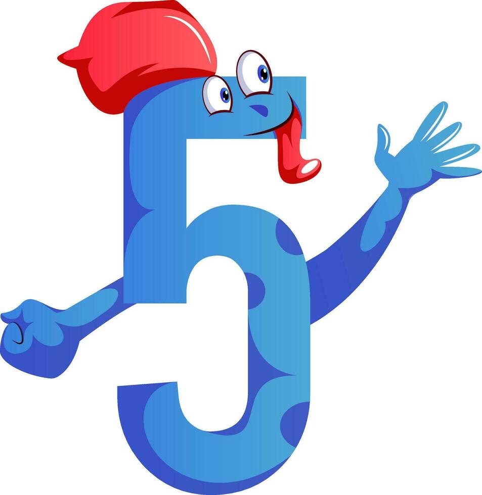 número cinco azul monstruo con un sombrero y demostración cinco dedos ilustración vector en blanco antecedentes